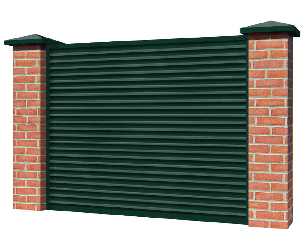 Секция забора жалюзи из ламелей жалюзи ЭКО-Z RAL6005 Зеленый мох Стальной Бархат с кирпичными столбами 