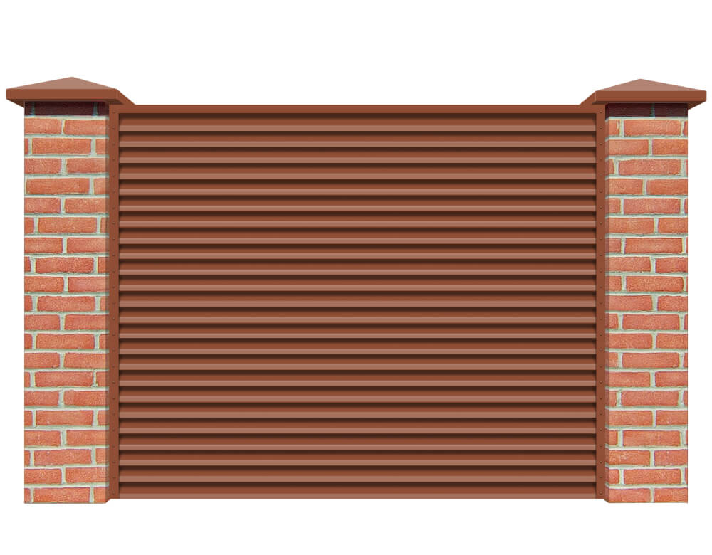 Секция забора жалюзи из ламелей Жалюзи ЭКО-Z RAL8004 Терракотовый с кирпичными столбами анфас