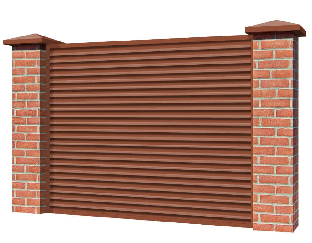 Секция забора жалюзи из ламелей Жалюзи ЭКО-Z RAL8004 Терракотовый с кирпичными столбами