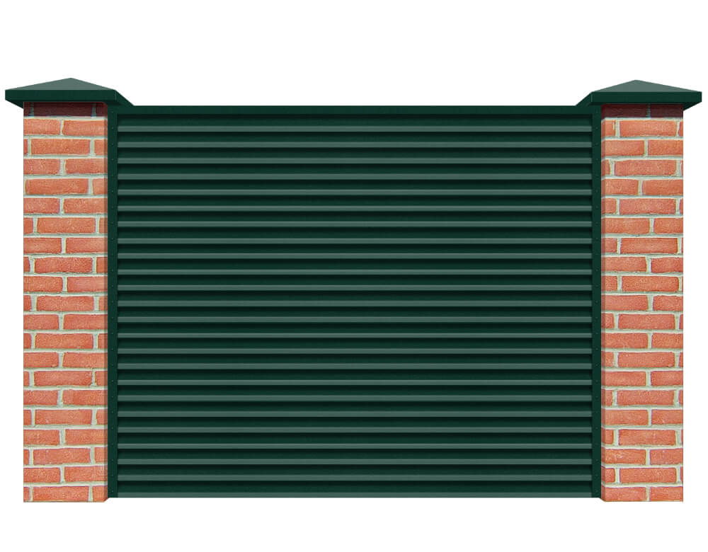 Секция забора жалюзи из ламелей жалюзи ЭКО-Z RAL6005 Зеленый мох Стальной Бархат с кирпичными столбами анфас