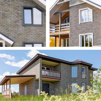 Фaсадная плитка Hauberk коллекция Кирпич цвет Серо-Бежевый на фасаде дома фото 6