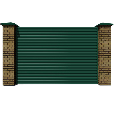 Секция забора жалюзи RAL6005/6005 Зеленый Мох 2-х сторонняя с кирпичными столбами анфас